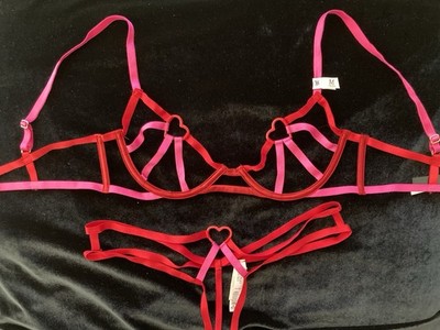 VICTORIAS SECRET Unlined STRAPPY Open Cup Demi Bra Panty Set Pink Red Hearts M