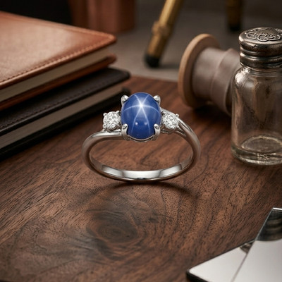 Beautiful Blue Star Sapphire Lab Created Zircon 925 Sterling Silver Stud Ring