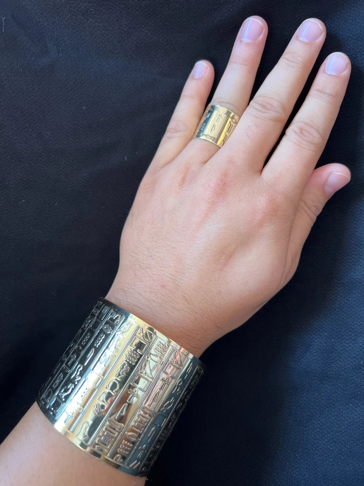 Egyptian Hieroglyph Bracelet & Ring Set Pharaoh Jewelry Ancient Script Design - Image 2 of 4