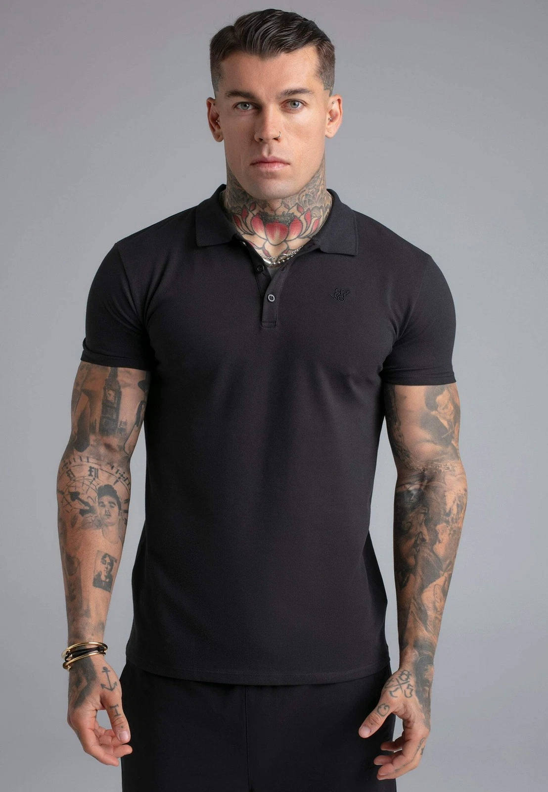SikSilk Men's Short Sleeved Muscle Fit Polo T-Shirt Tee Black