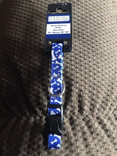 White Bones on Blue Adjustable Dog Collar - 10”-16”, 5/8” Wide