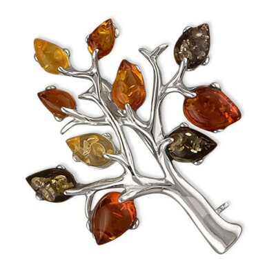 Lebensbaum Brosche gemischt Naturbernstein massiv Sterling Silber 925 Punze 