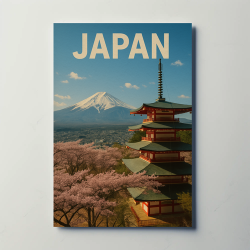Japan Mount Fuji Pagoda Sakura Vintage Travel Poster