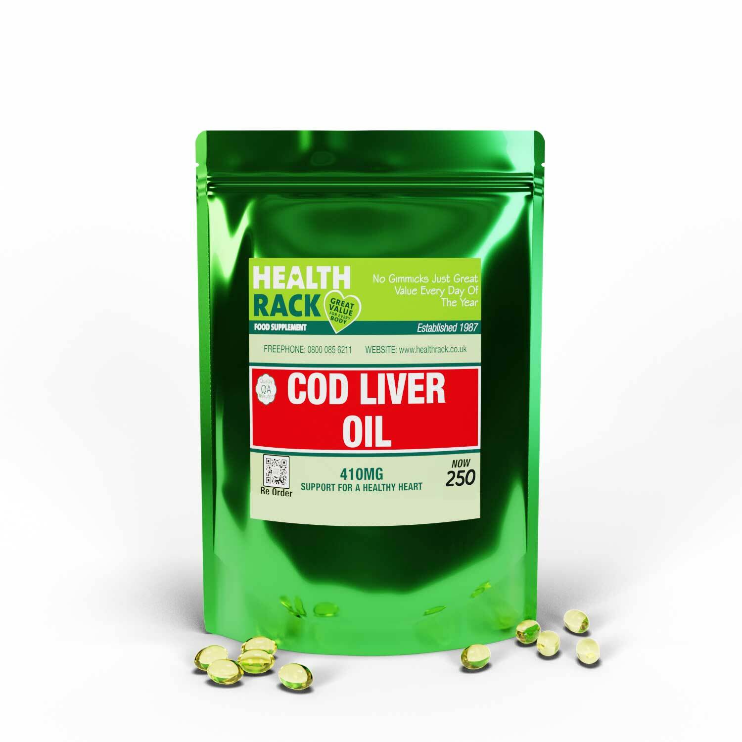 COD LIVER OIL 410MG 250 CAPSULES, OMEGA 3, ONE PER DAY, HEART AND JOINT