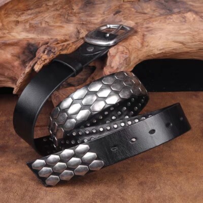Real Leather Waist Belt Heavy Metal Rivet Studded Unisex Punk Waistband Handmade
