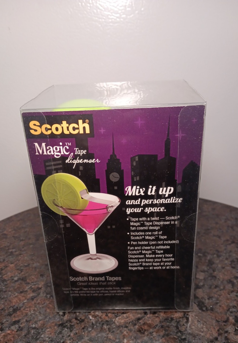 SCOTCH COSMO COCKTAIL MARTINI GLASS DESIGN MAGIC TAPE DISPENSER & PEN