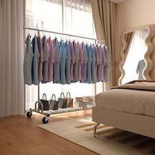 Adjustable Clothing Rolling Garment Clothes Rack Heavy Duty w/ Metal Shoe Shelf