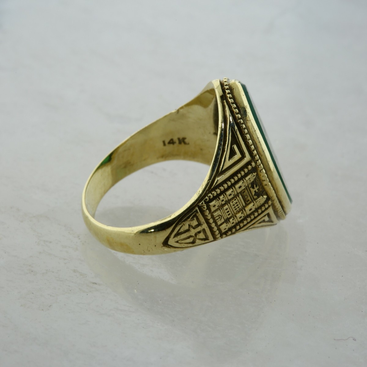 Antique 14K YG Green Onyx Monogram Pictograph Ring Size 5.5
