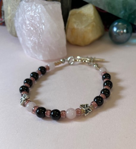Empath Protection Bracelet. Black Tourmaline w/Rose Quartz & Butterflies. 6 inch - Picture 2 of 13