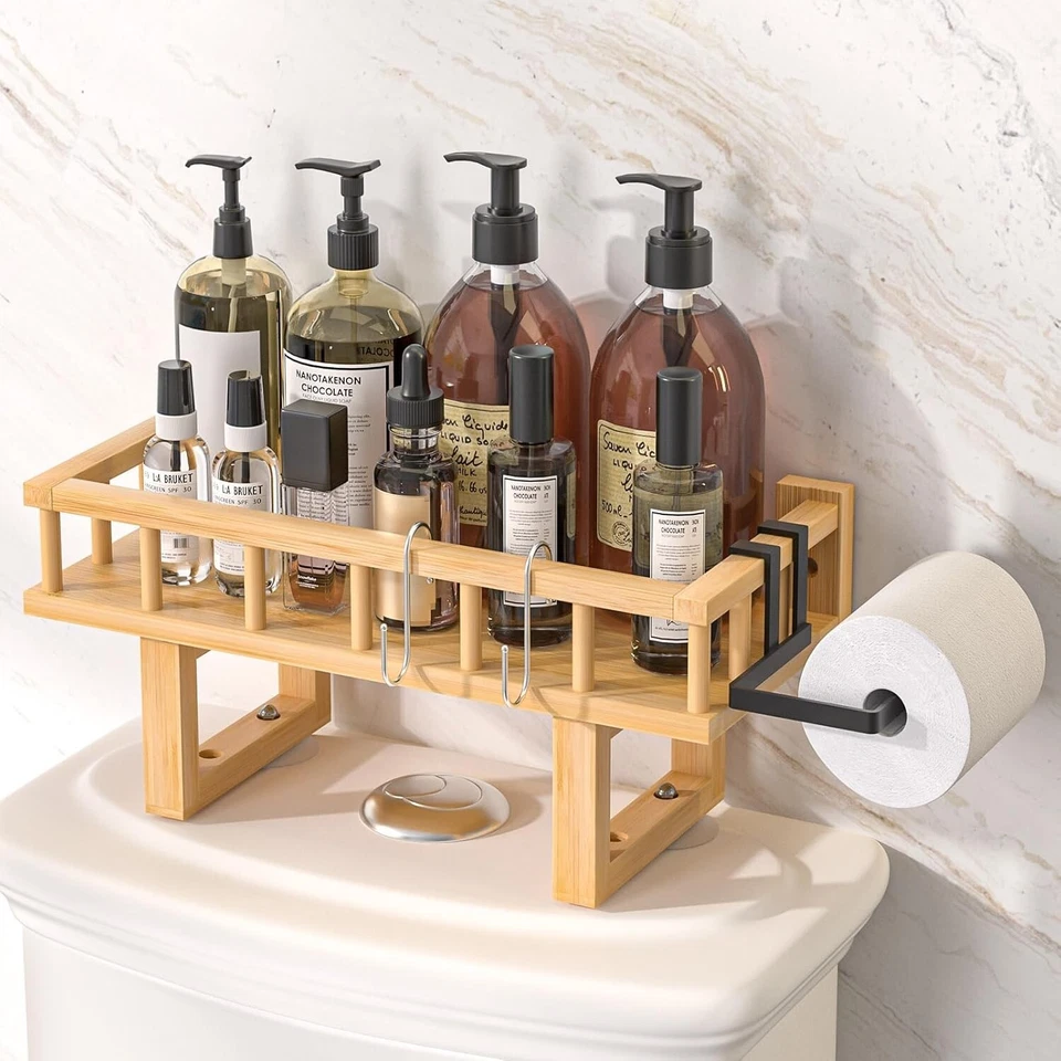 Estante organizador de bambú negro sobre inodoro - estante organizador de baño y soporte de papel Foto 2 de 4