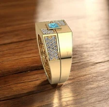 Blue Topaz Square Cut With 925 Sterling Silver Gold Plated Ring For Men's #A305