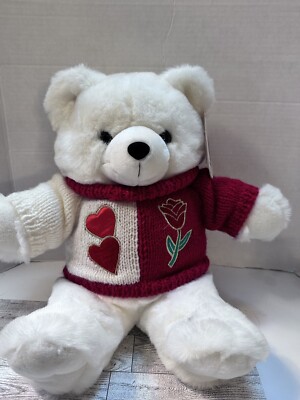 Vintage Main Joy Limited Plush Valentines Red Sweater Teddy Bear 15  White Bear