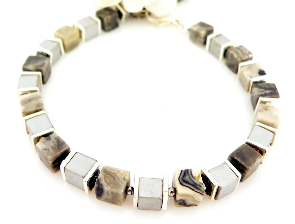 Armband Cube Würfel Edelstein Labradorit Grau marmoriert Hämatit Silber 212a - Bild 2 von 2