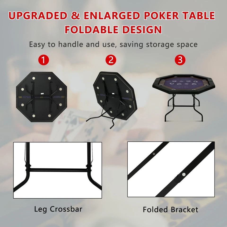 Poker Table 8 Player Texas Holdem Game Folding Casino Legs Cup Holders Octagon - Image 4 of 4
