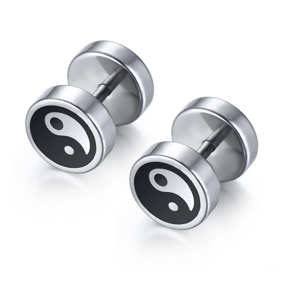 Pendientes religiosos de acero inoxidable Tai Chi Yin Yang Barbell para hombre con tachuelas buena suerte Foto 3 de 4