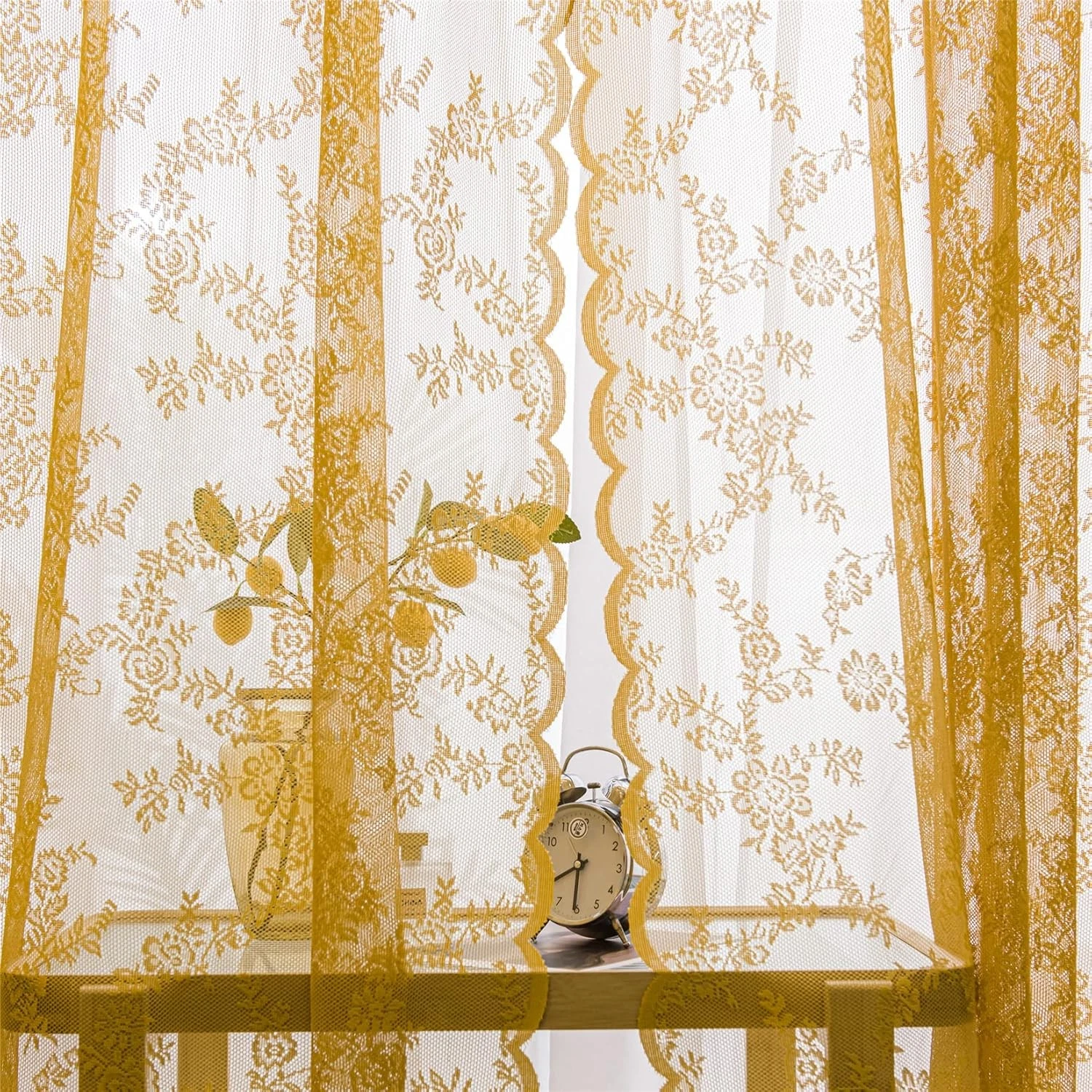 Gold Lace Boho Curtains 84 Inches Long Sheer Curtains Window Treatment Drape