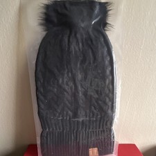 Black Cable Knit Fur Trim Pom-Pom Beanie Hat Women One Size Winter Casual