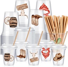 60 Pcs Western Cowboy Cups with Lids and Paper Straws 14 Oz Disposable Clear Pla