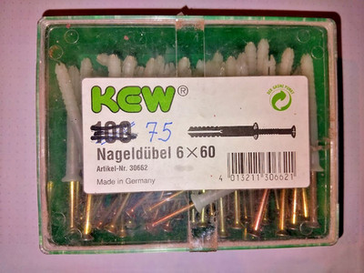 75 Stück KEW Nageldübel   6x 60mm  Schlagdübel , Senkkopf, kostenloser Versand