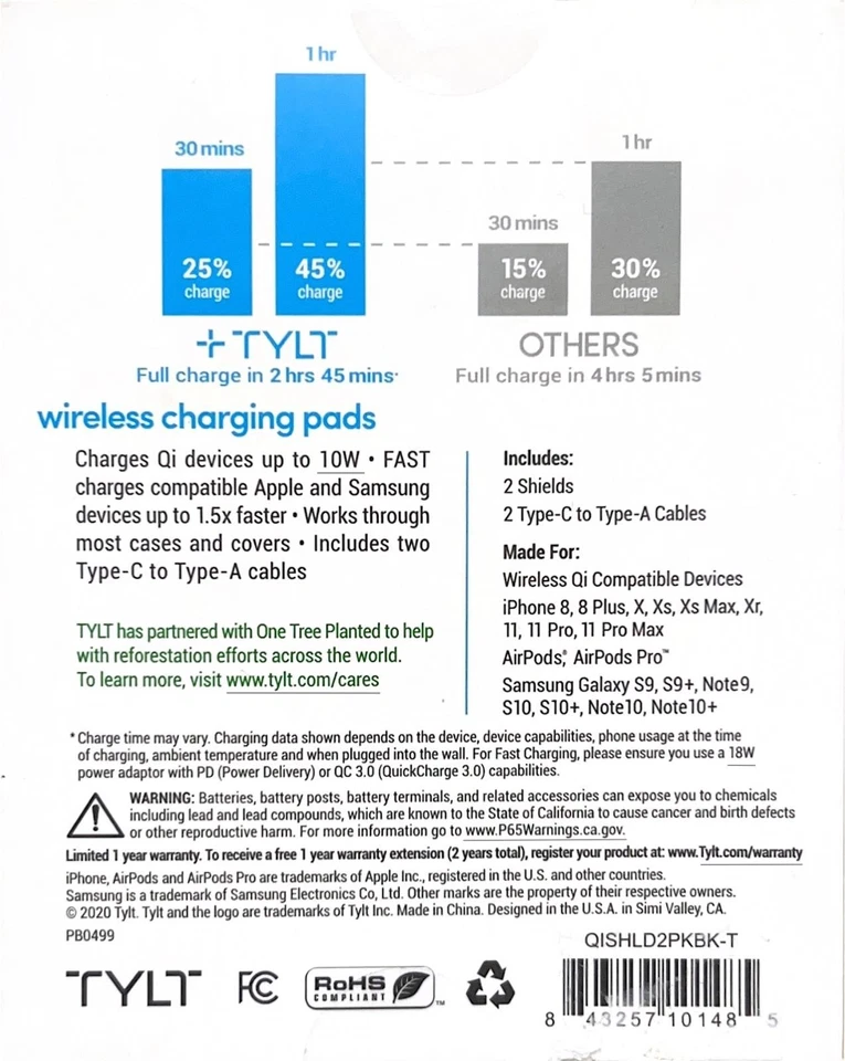 TYLT Shield 10 Вт тонкие самые быстрые беспроводные зарядные площадки упаковка из двух штук для iPhone Galaxy - Изображение 2 из 3