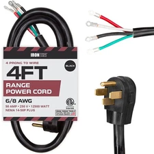 4 Prong Range Cord, 4 Foot - Heavy Duty 6/8 AWG 50 Amp Power Cable, NEMA 14-50P