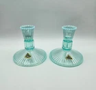 Vintage Pair of Fenton Sheffield Blue Opalescent Ribbed Glass Candleholders