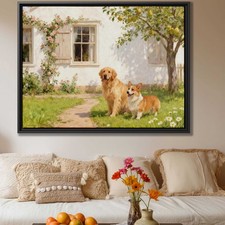 Oil Painting Dog Golden Retriever Garden Canvas Corgi Artwork Wall Art Decor