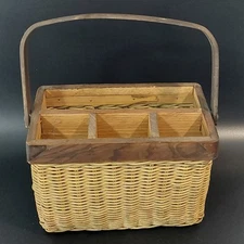 Vintage Woven Wicker & Wood Utensil Napkin CADDY BASKET Holder w/ Hinged Handle 