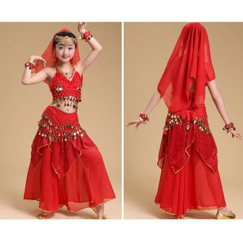 Kids Girls Belly Dance Costume Skirt Outfit Performance Clothing +Accessories - Image 3 of 4