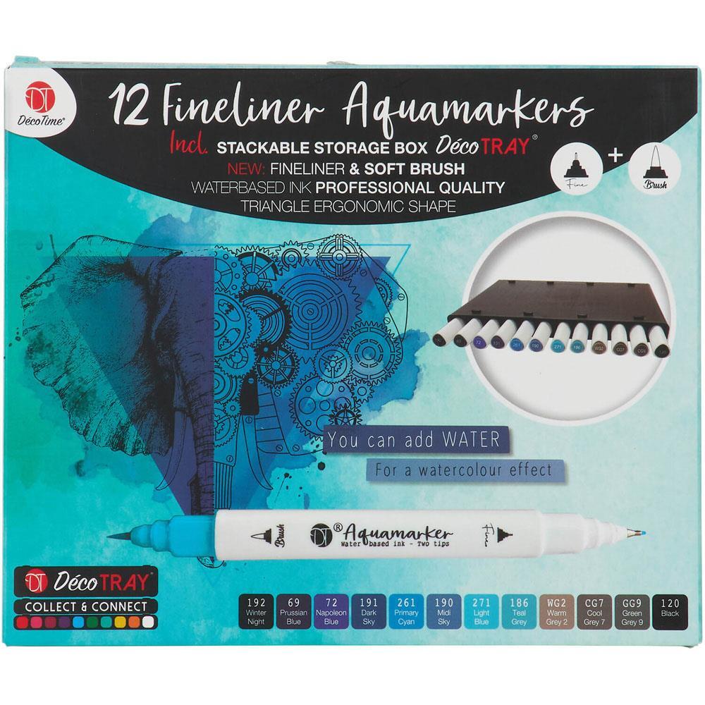 Assort Deco Time Twin Tip Fine Liner Aqua Markers in Tray 12 Pack Blue