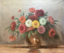 Vintage American Impressionist Still Life Oil Painting Zinnias Gustave Wiegand