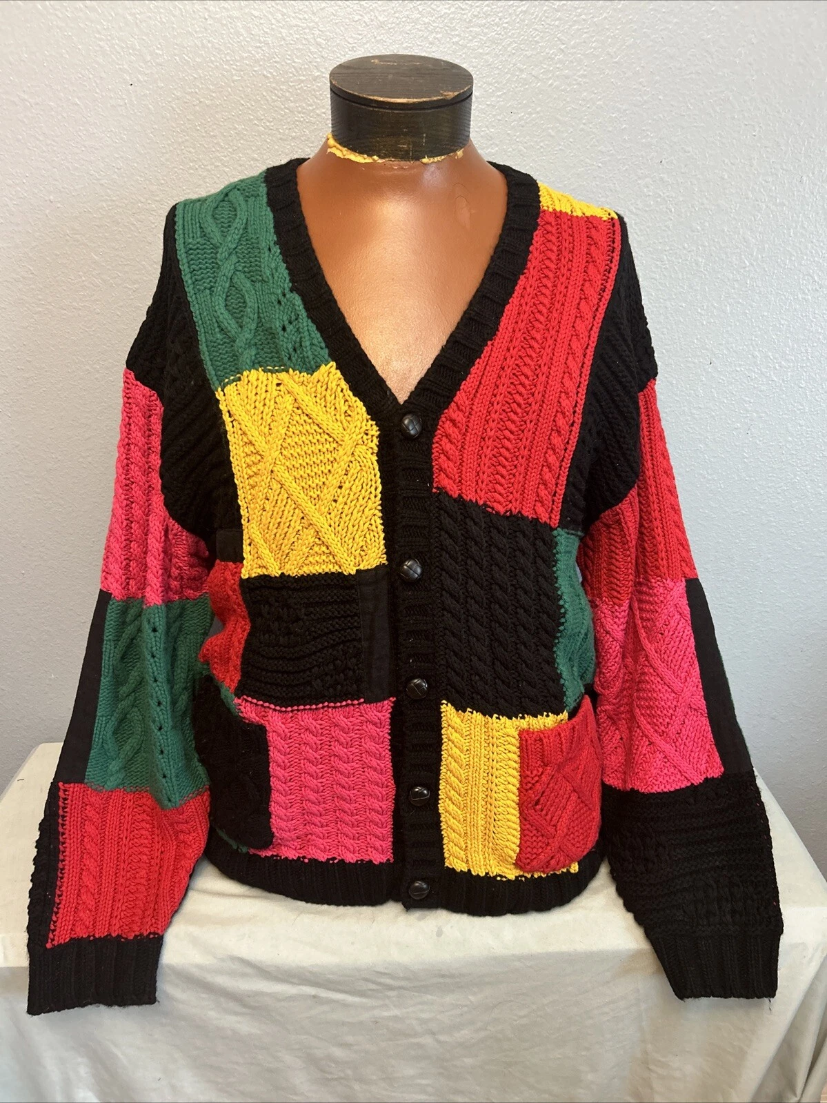 Cardigan Supreme Patchwork Cable Tricot Noir Occasion Large