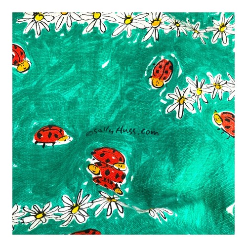 Sally Huss Sunny Thoughts Cotton Tote Bag Ladybug Daisies Design Red & Green 15" - Picture 9 of 16