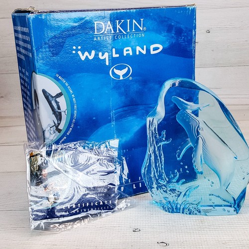 Wyland blau Kunst Glas Buckelwal & Kalb 6 x 5" Welle Figur Riff Leben Dakin