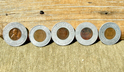 group 5 pcs WHEAT EAR CENT ENCASED PENNIES REXALL DRUG, RED GOOSE SHOES BENDIX - Picture 9 of 12