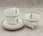 Vtg Hazel Atlas Ovide Platonite Coffee Cup & Saucer Set of 4 White w/Green Trim