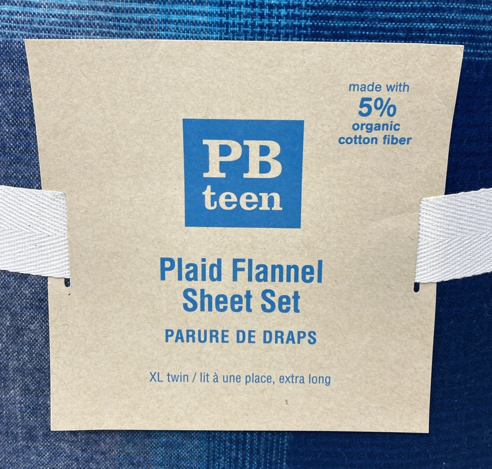 Pottery Barn Teen 3 Piece Blue Plaid Flannel Sheet Set Size XL Twin NEW - Image 2 of 4