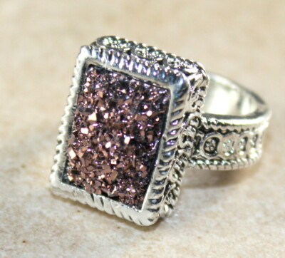 SILVER Vintage Style Copper Titanium Druzy 10x14mm Rectangular Ring , WR11002