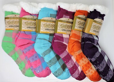 Heat Trendz 71197 Super Deluxe Sherpa Lined Slipper Socks Grippers Checkered