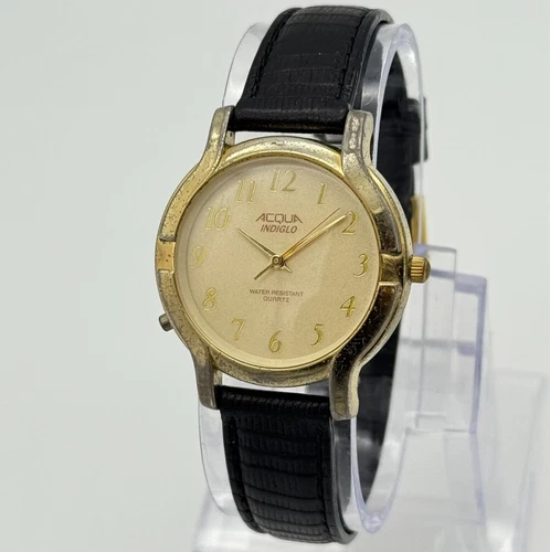 Ladies Vintage 1996 Acqua Timex Gold Tone Indiglo Watch, Black Leather, 32mm