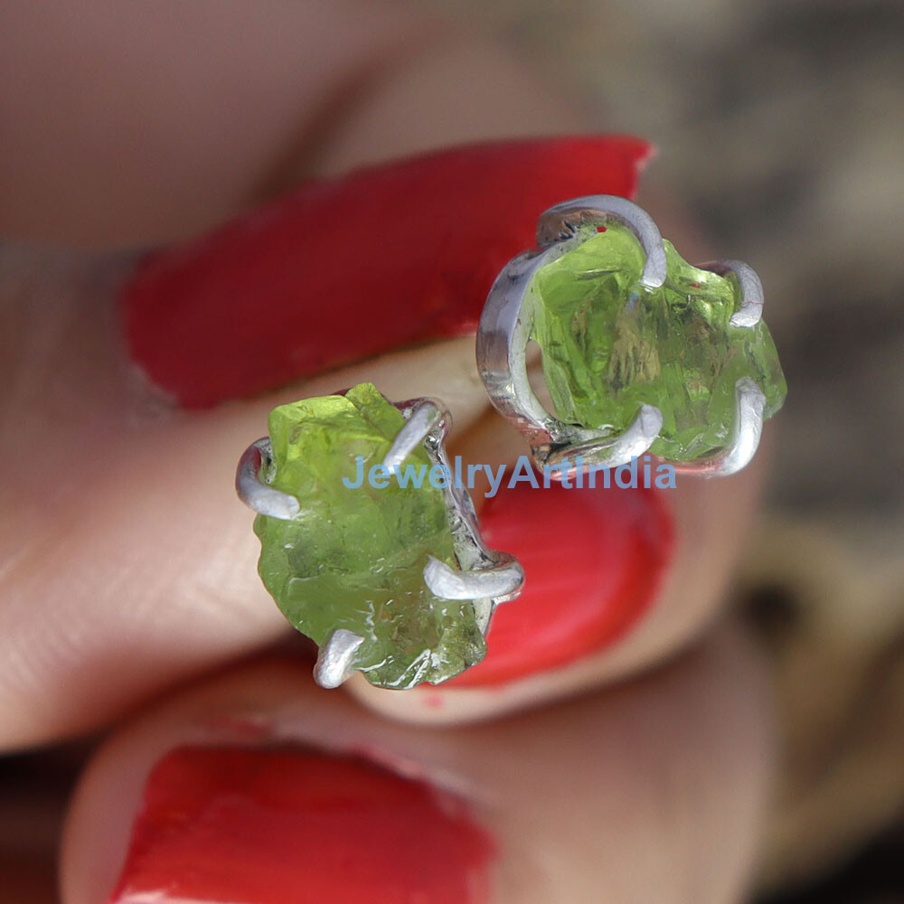 Raw Peridot Healing Crystal 925 Sterling Silver Stud Earrings