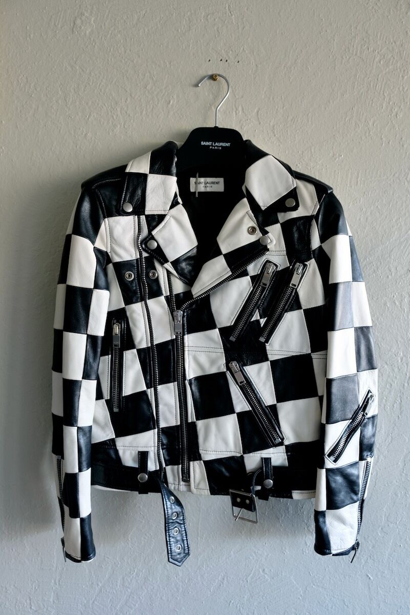 Saint Laurent Leather Damier Checkered Biker Jacket Multi Saint Laurent Leather Damier Checkered Biker Jacket Multi