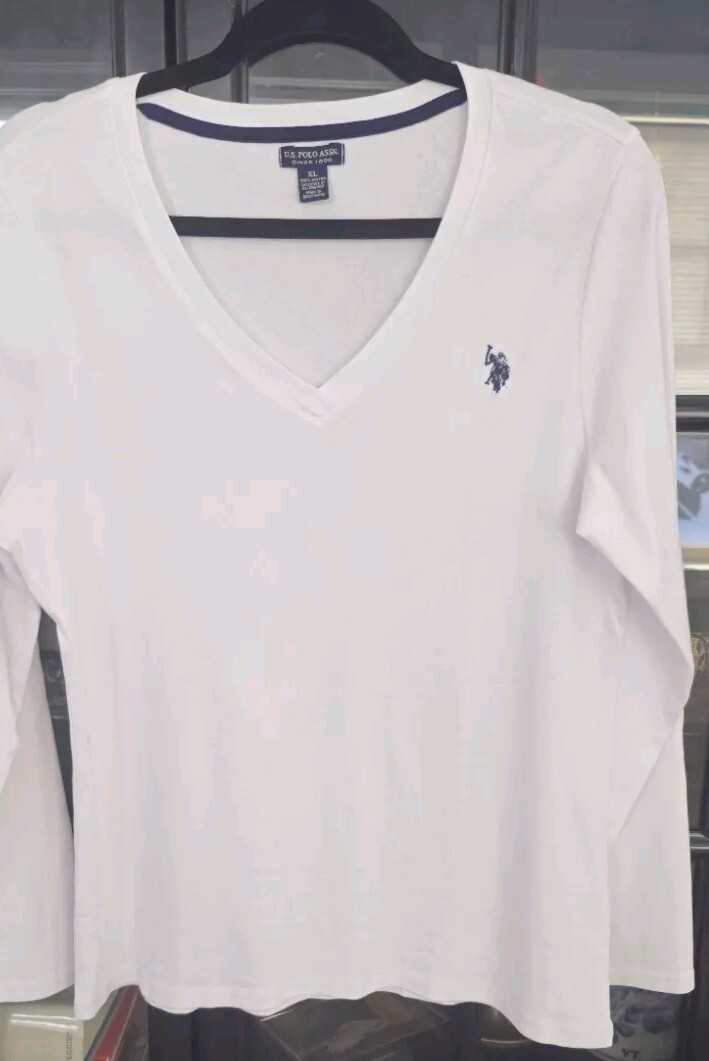 US POLO ASSN maglietta donna XL bianco brillante LS scollo a V blu navy PONY