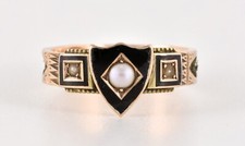 Antique Victorian 9ct Gold Enamel Pearl & Hair Mourning Ring, Chester 1891