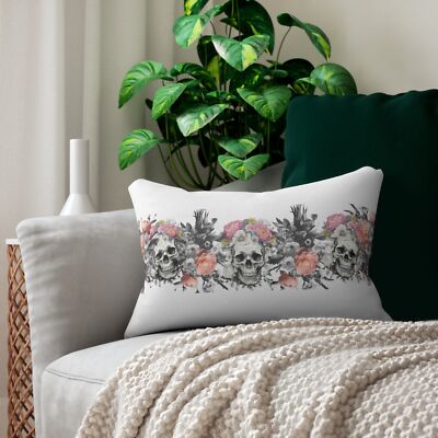 Skeleton Skull with Flowers Black and White and Pink Polyester Lumbar Pillow