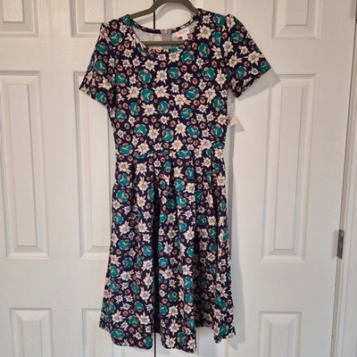 LuLaRoe Amelia NWT Medium Navy Blue Floral Short Sleeve Back Zip Cottagecore