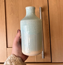 ZoeD Ceramics Signed Ceramic Bottle Vase, Light Blue & White, Impressed Mark