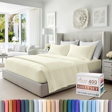 Pure 100 Cotton King Size Sheets Set Off White, Luxurious 400 Thread Count L...