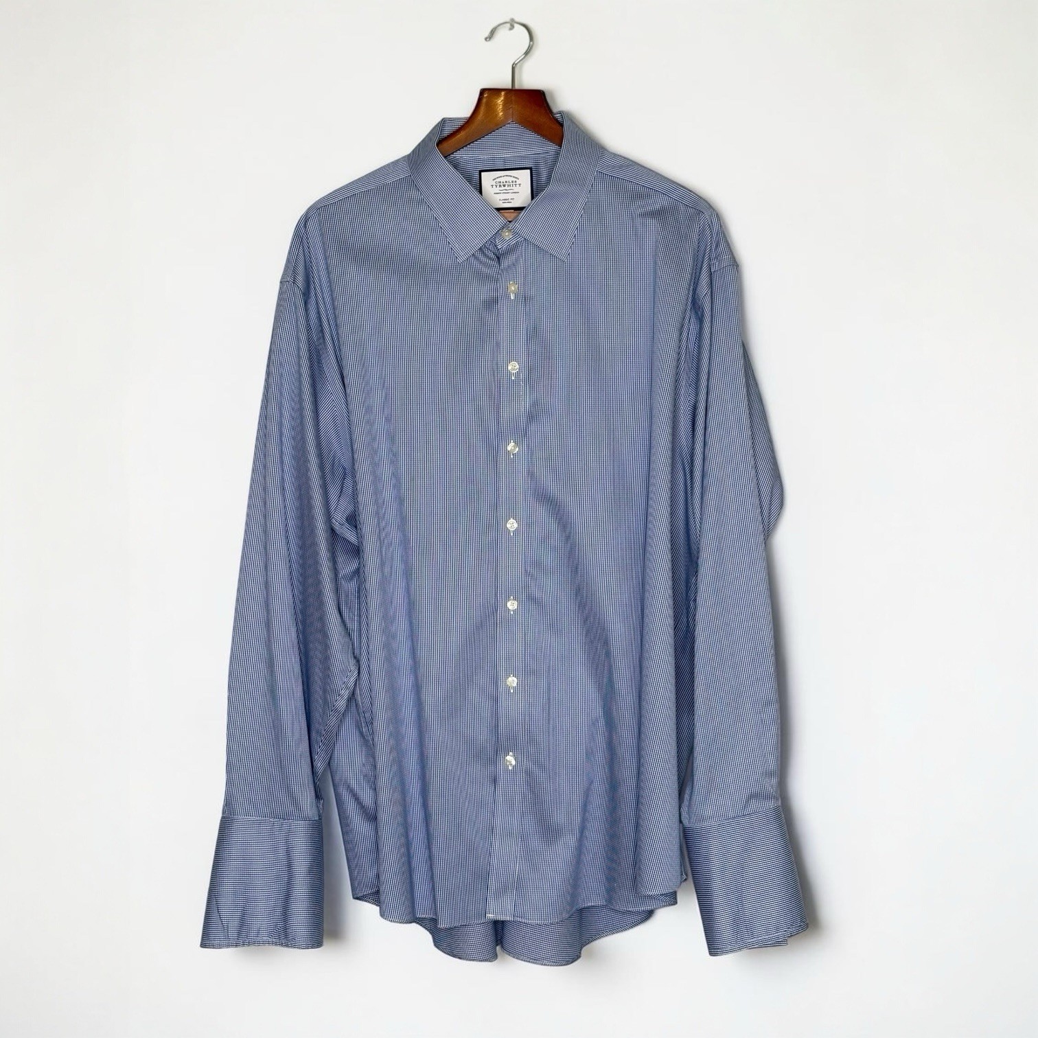 Charles Tyrwhitt Blue Micro Check Dress Shirt 20 / 37 Classic Fit French Cuff
