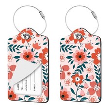 2 Pcs Luggage Tag for Suitcases, Floral Flowers Cute PU Leather Floral-pk